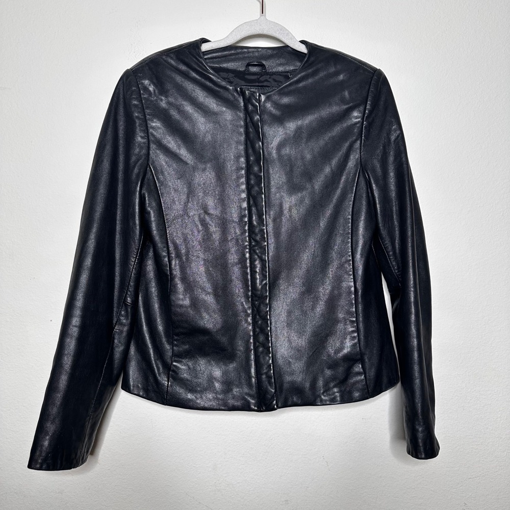 Y2K Valerie Stevens Womens Black Leather Jacket Collarless Size S Minimal Chic